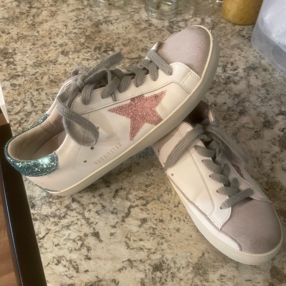 Golden Goose White Sneakers with Pink Star and Teal Glitter Heel